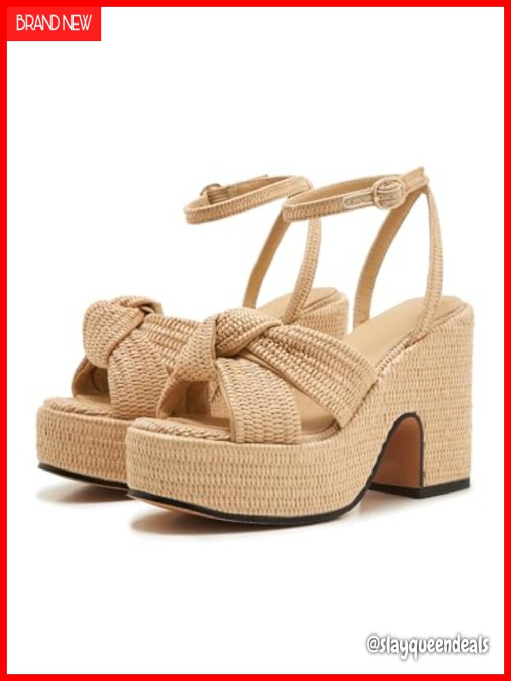 Raffia Woven Platform Sandals Chunky Block Heel Ankle Strap Women